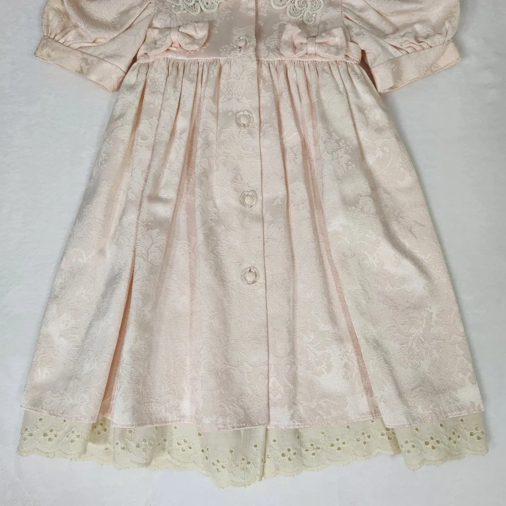 Vintage Little Penguin Girls Pink Damask Lace Dress Size 4 Rose Eyelet USA Made